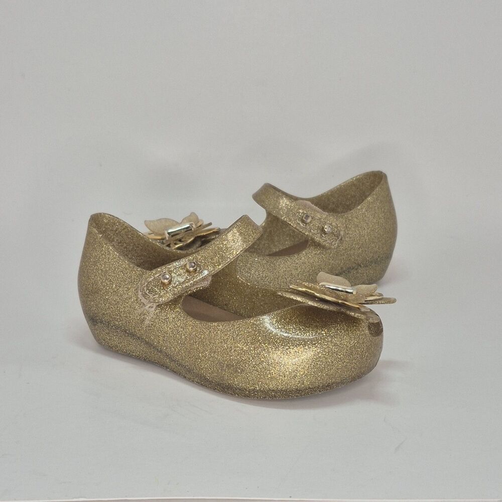 Mini Melissa Girls Peep Toe Gold Glitter Butterfly Jelly Flat  6